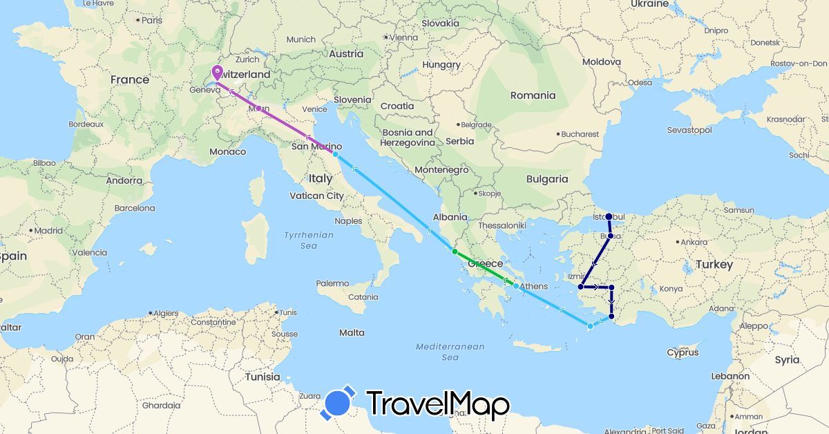 TravelMap itinerary: driving, bus, train, boat in Switzerland, Greece, Italy, Turkey (Asia, Europe)